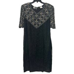 Vintage Art Deco Carina 100% Silk Beaded Sequin Cocktail Dress Black L 80s Glam